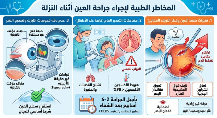 النزلة أو الفلاونزا قبل عملية العين: ليش لازم تأجل عمليتك؟ 1 المخاطر الطبية لإجراء جراحة العين أثناء النزلة