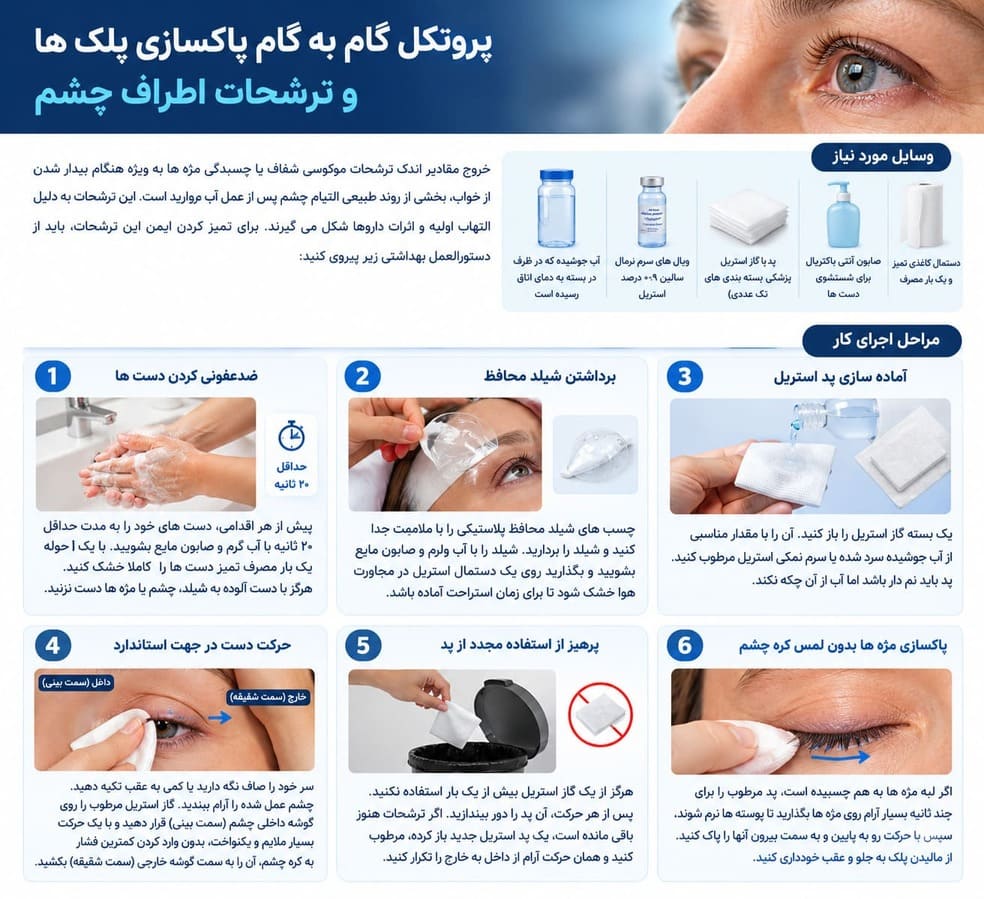 پروتکل گام به گام پاکسازی پلک ها و ترشحات اطراف چشم