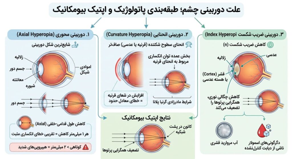 علت دوربینی چشم؛ طبقه‌بندی پاتولوژیک و اپتیک بیومکانیک