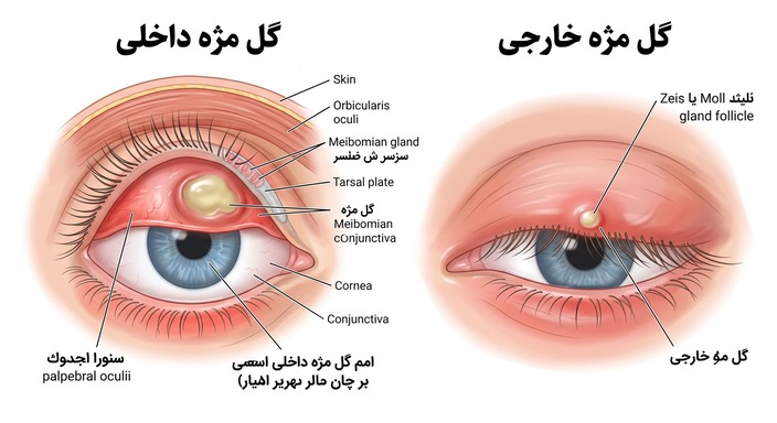 انواع گل مژه و محل‌های ایجاد آن (داخل و بیرون پلک)